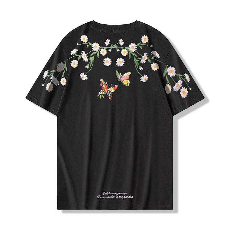 Embroidered Butterfly With Flower Ukiyo-e T-shirt