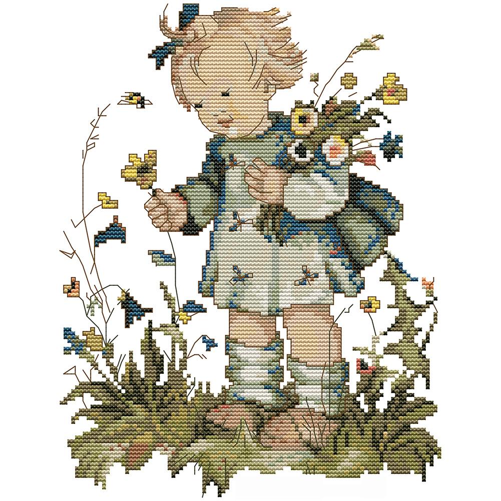 

26*31CM 14CT Stamped Cross Stith - Little Girl Picking Flowers, 501 Original