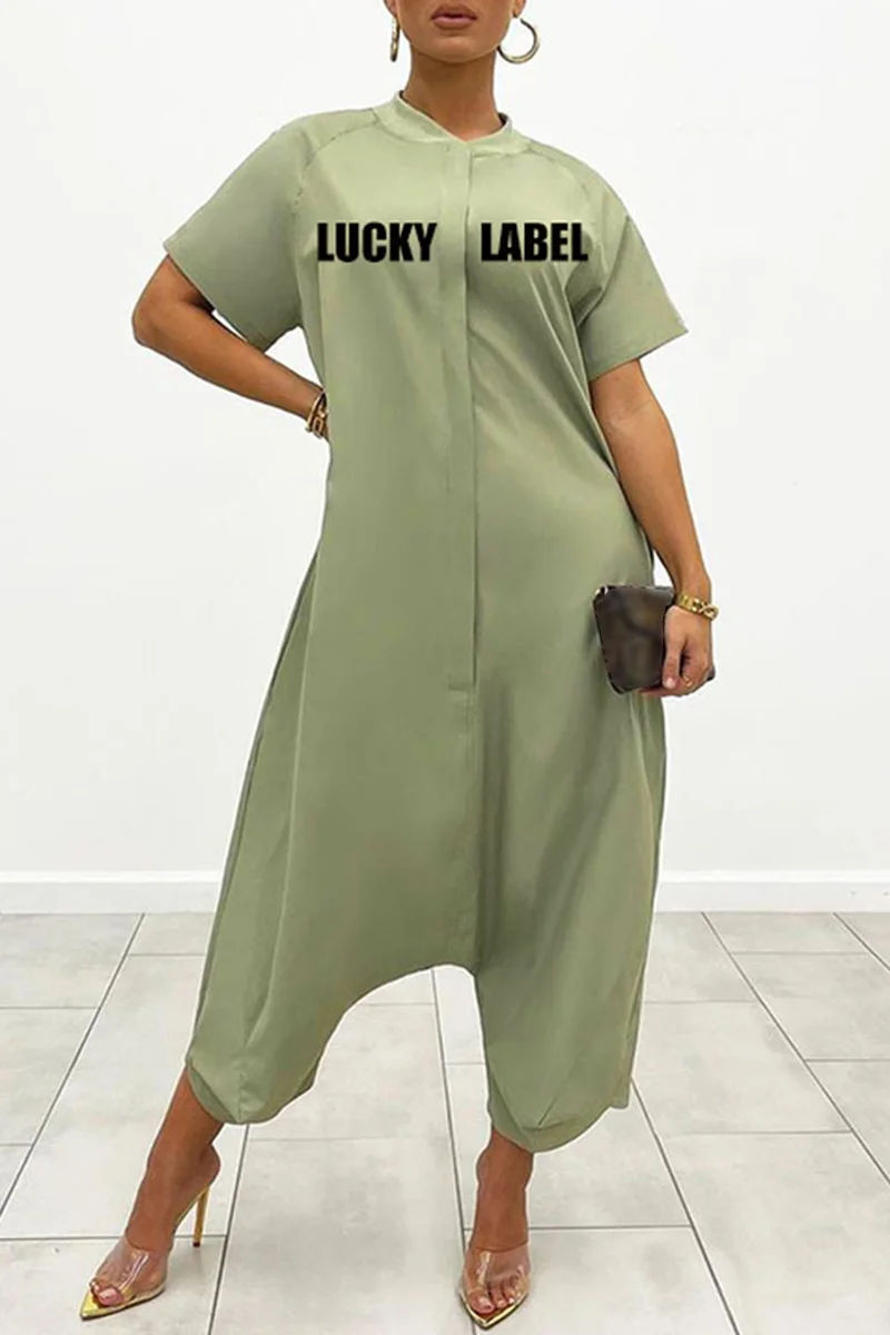 Light Green Fashion Casual Letter Print Patchwork O Neck Regular Jumpsuits | EGEMISS