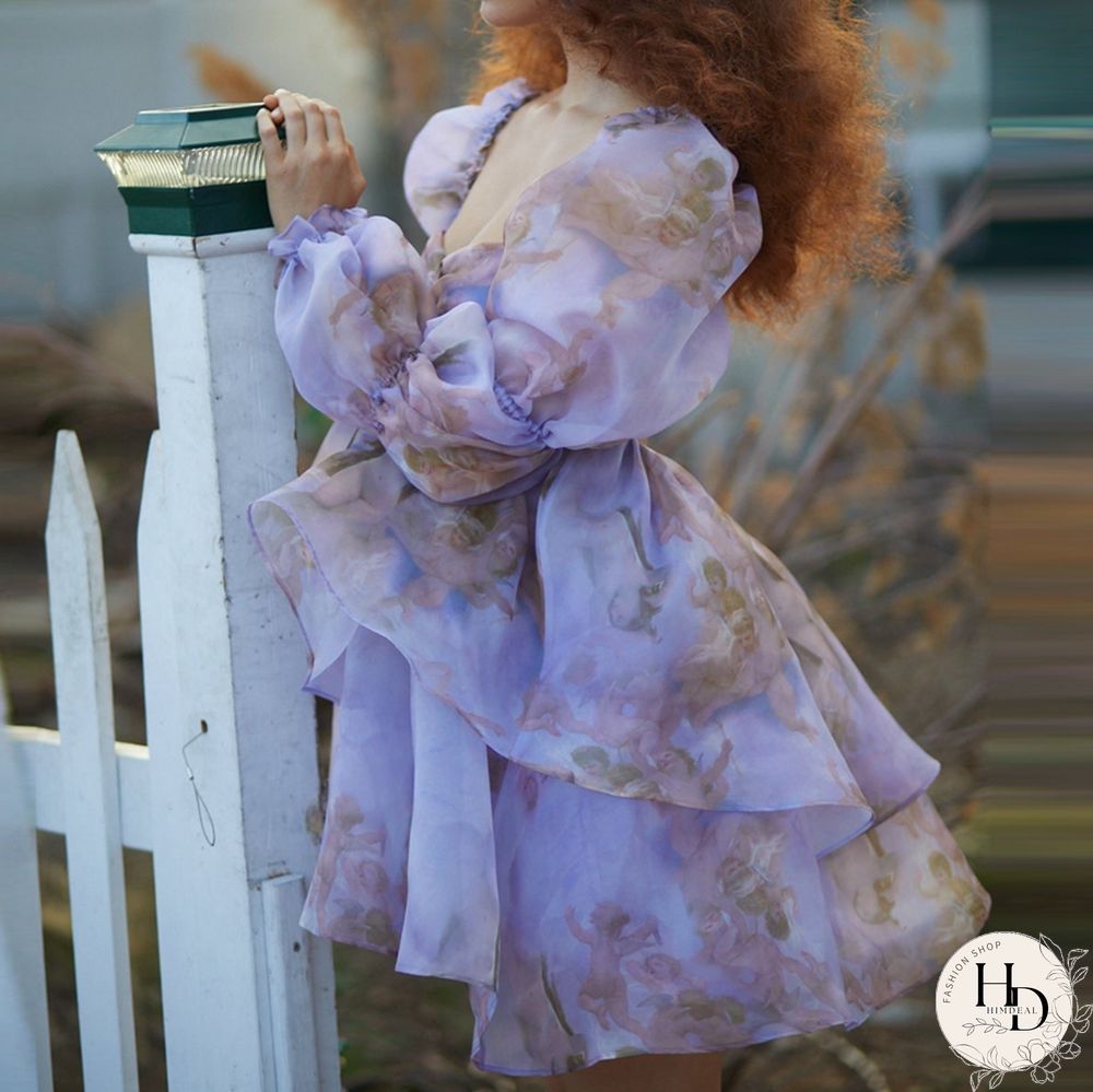 Sweet Girl Moonlight Dress Vintage Backless Long Puff sleeve Ruffles Layered A-line Women