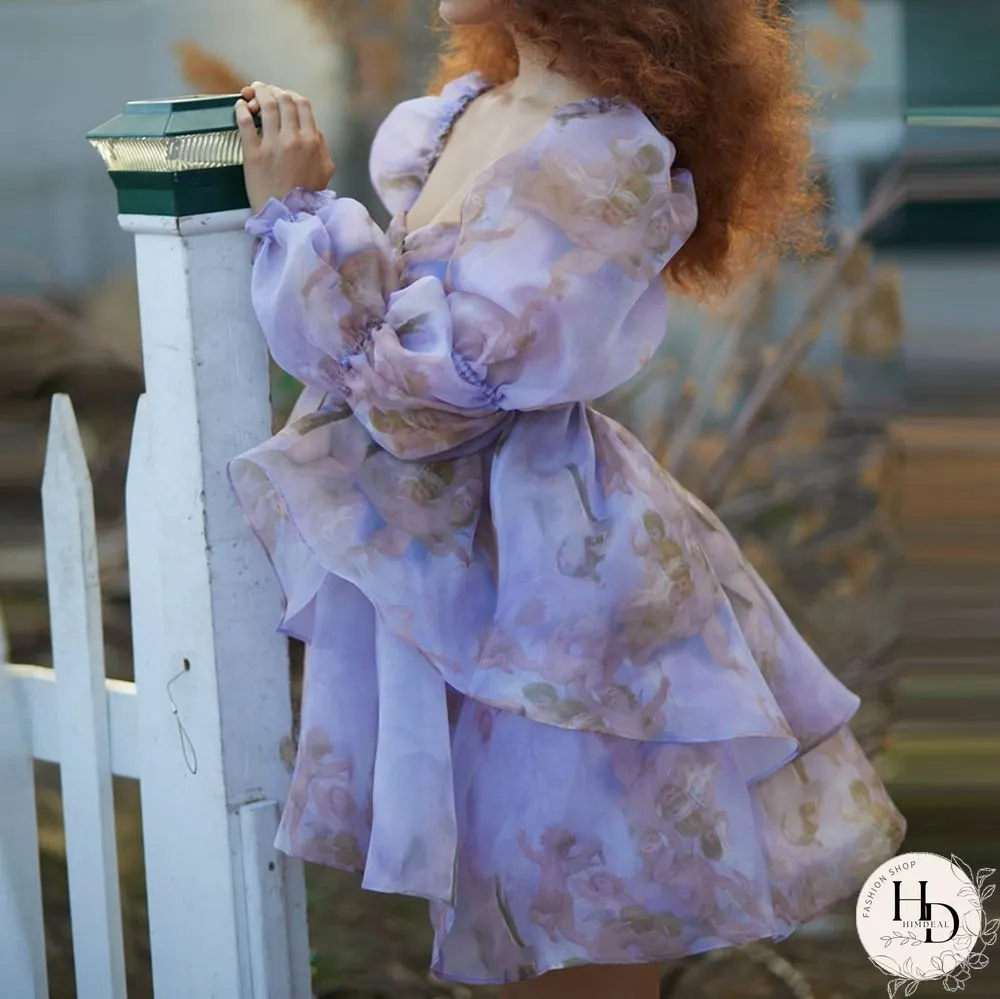 Sweet Girl Moonlight Dress Vintage Backless Long Puff sleeve Ruffles Layered A-line Women