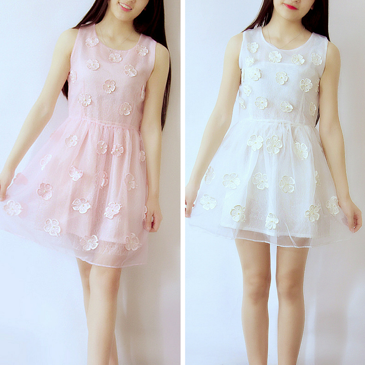 S-XL White/Pink Elegant Floral Sleeveless Dress SP166705