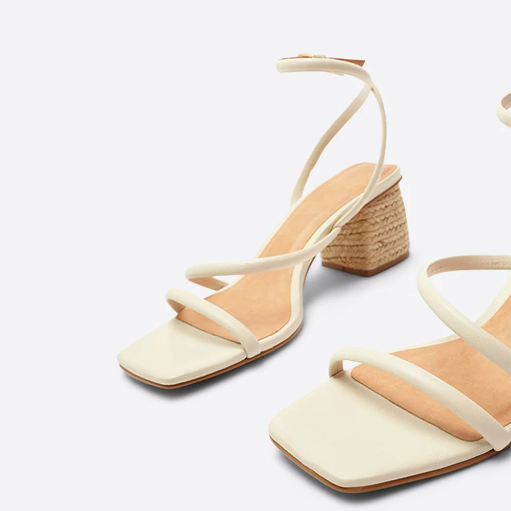 Ivory Block Heel Square Toe Ankle Strap Espadrille Sandals with Buckle