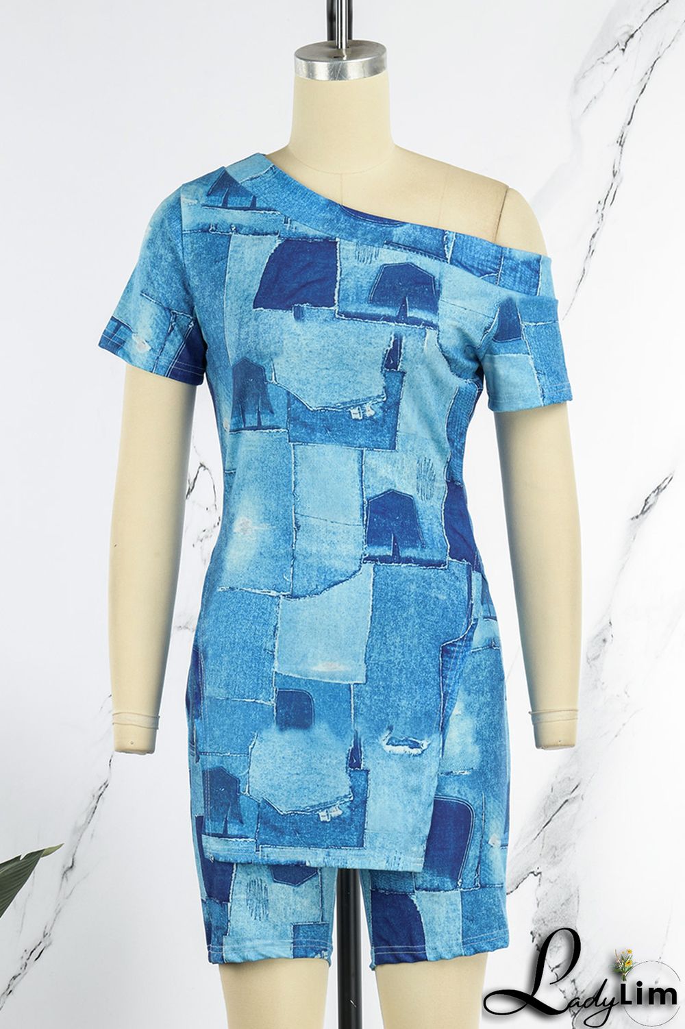 Black Casual Print Slit Oblique Collar Short Sleeve Two Pieces