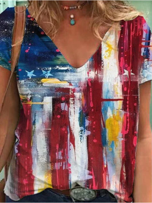 Women Printed Short Sleeved V-neck T-shirt