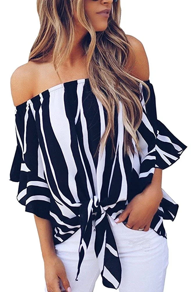 Women's Chiffon Striped Off Shoulder Bell Sleeve Front Tie Knot T Shirt Blouse Tops Tees