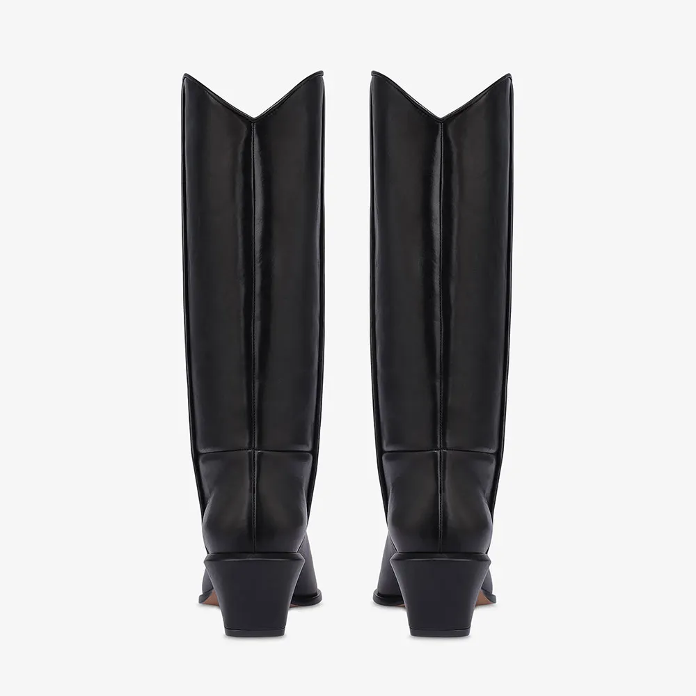 Women's Black Pointed Toe Block Heel Mid Calf Western Boots