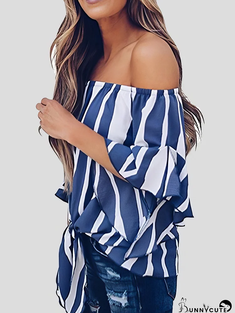 Loose Chiffon Off Shoulder Striped Front Tie 3/4 Sleeve Blouses
