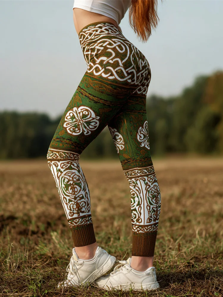Irish Celtic Knot Clover Pattern Women's Knit Leggings