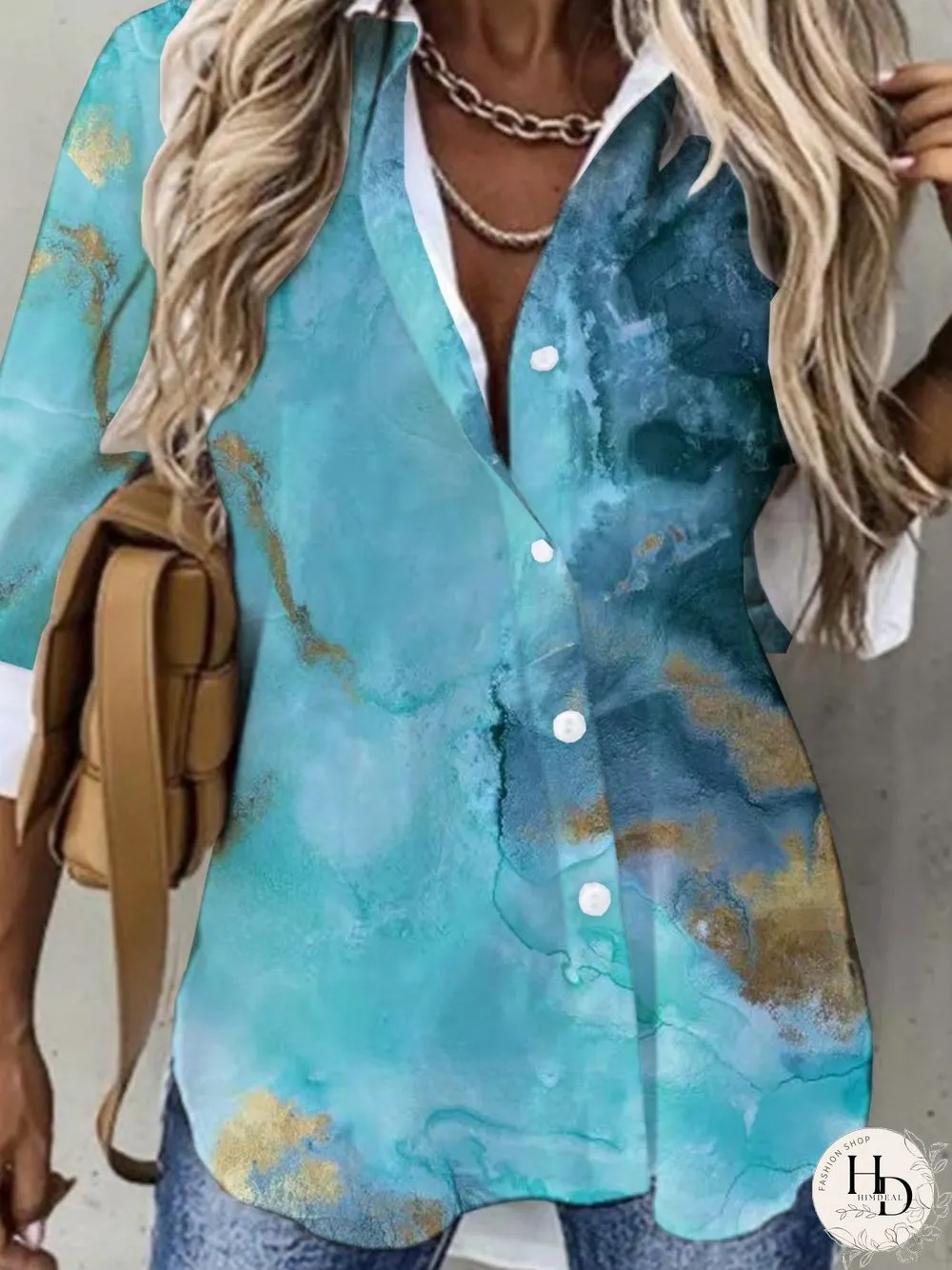 Casual Sea Long Sleeve Shirt Collar Printed Tops Blouses