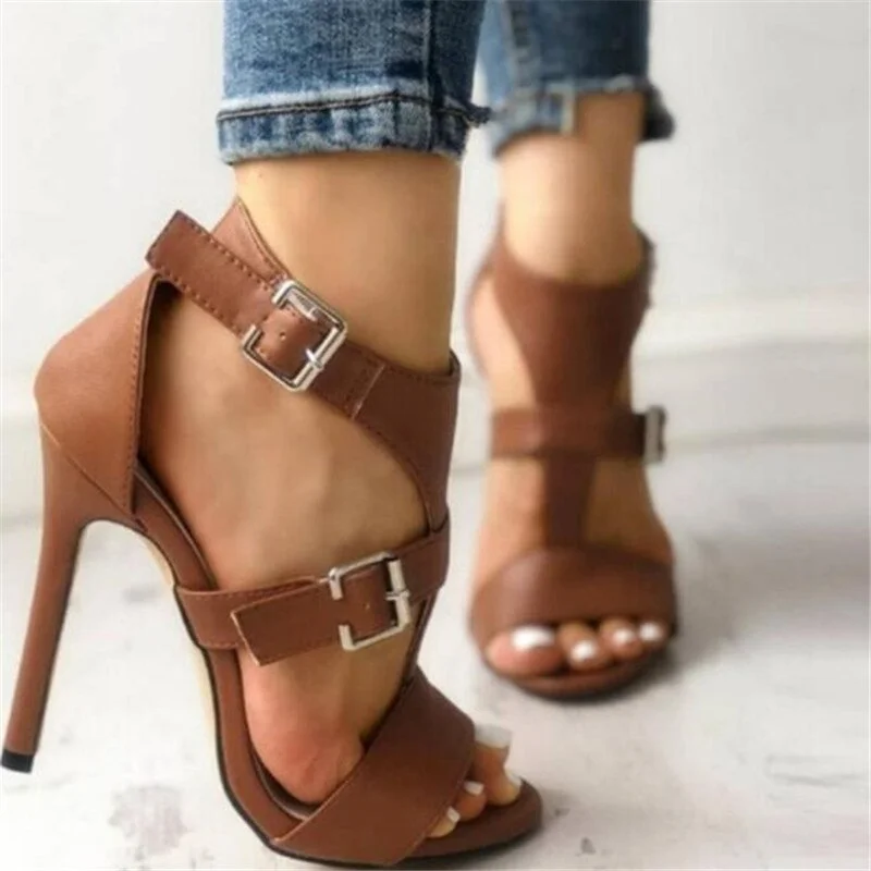 Women Sandals 2021 Summer Gladiator Fine High Heels Leather Peep Toes Ankle Buckle Strap Party Shoes Black Brown Sandalia Mujer