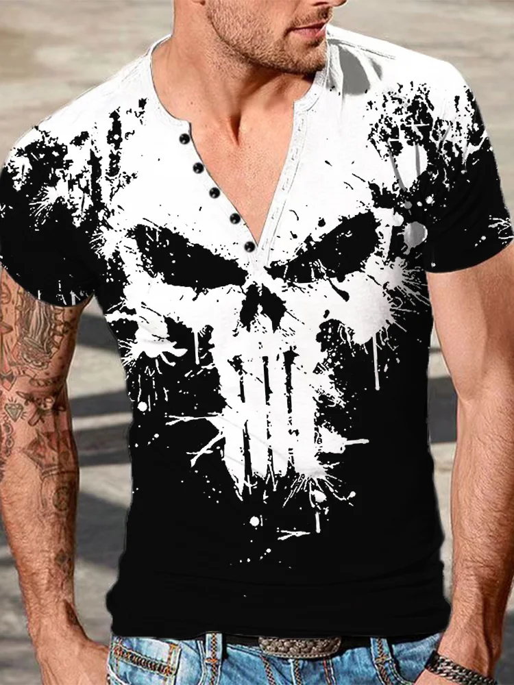 BrosWear Men's Skull Contrast Color Print Short Sleeve T Shirt