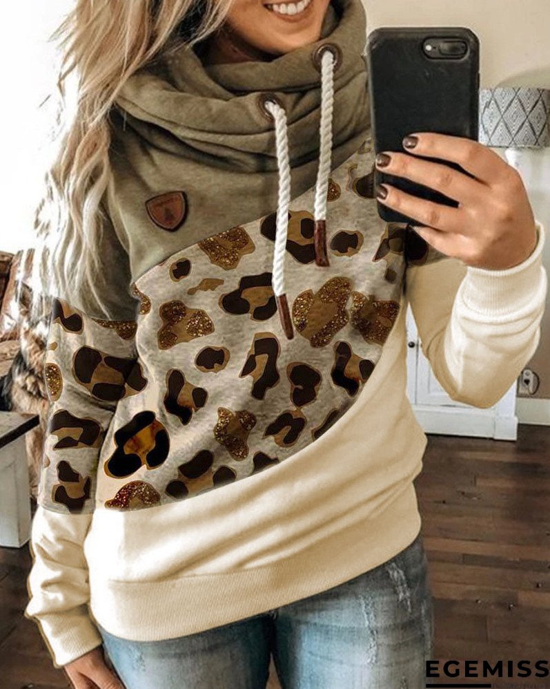 Lantern Sleeve Colorblock Leopard Print Hooded Top | EGEMISS