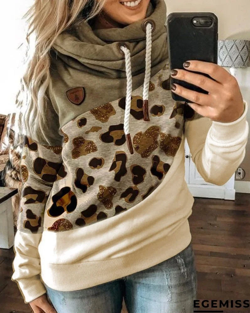 Lantern Sleeve Colorblock Leopard Print Hooded Top | EGEMISS