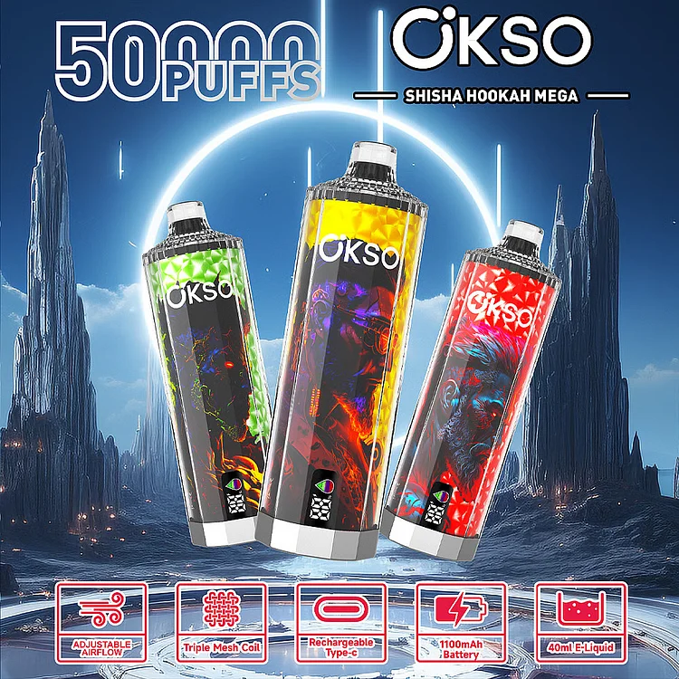 OKSO Shisha Hookah Mega 50000 50K Puffs Latest Original LED Display Pen(Box of 10) mysite www.vapeshoppromax.com
