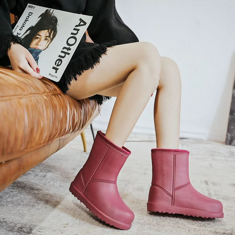 Winter Warm Plush Women Rainboots Solid Outdoor Waterproof Girls Fur Ankle Boots Slip-on EVA Ladies Rain Platform Shoes
