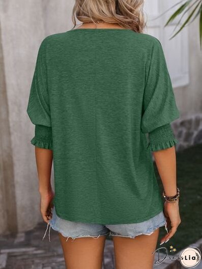 Heathered Notched Lantern Sleeve Blouse