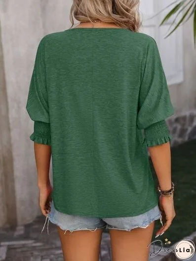 Heathered Notched Lantern Sleeve Blouse
