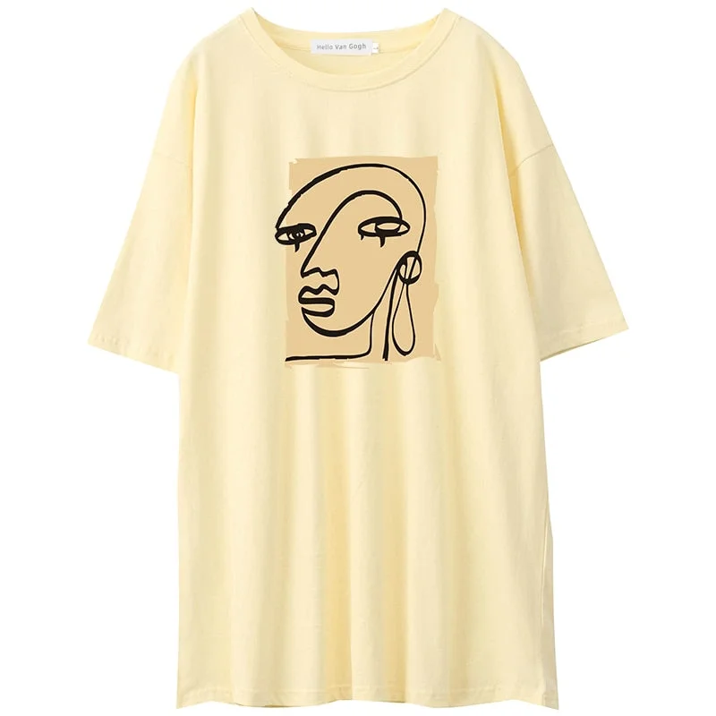 Hirsionsan Abstract Character Printed T Shirt Women 2021 Summer New Vintage Harajuku 100% Cotton Tees Soft Casual Female Tops