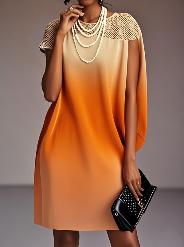 Loose Gradient Hollow Round-Neck Mini Dresses