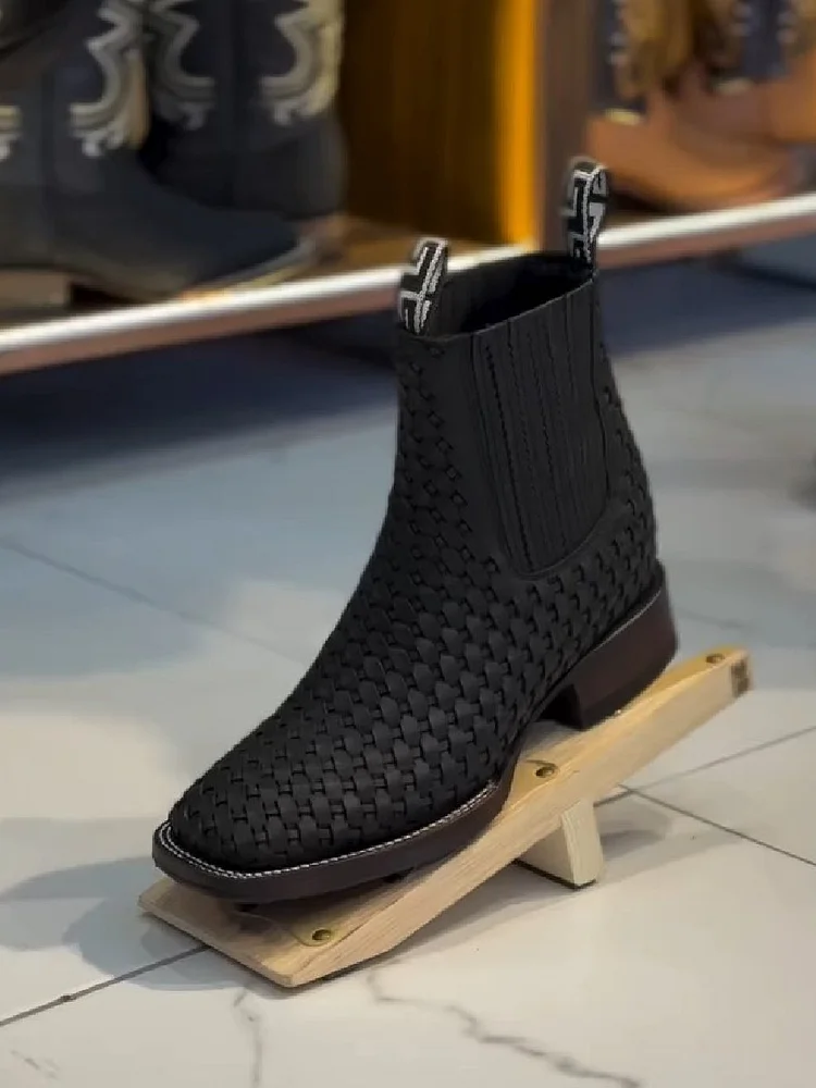 Hand-woven Block Heel Ankle Boots