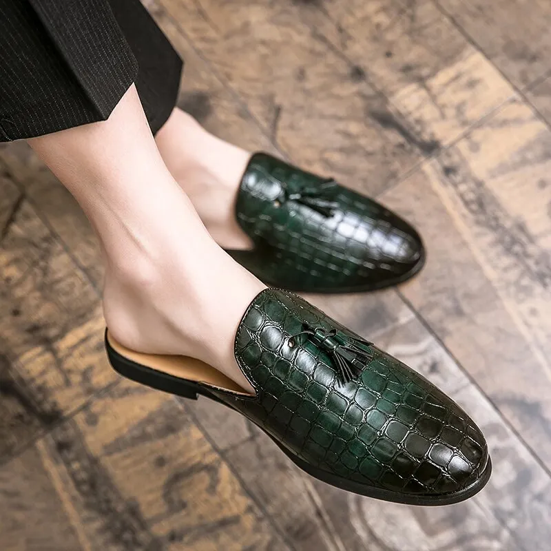 Mules Black Patent Leather Crocodile Men Half Shoes For Man Fashion Designer Shoes Men's Luxury Zapatillas Hombre Casual Slip On