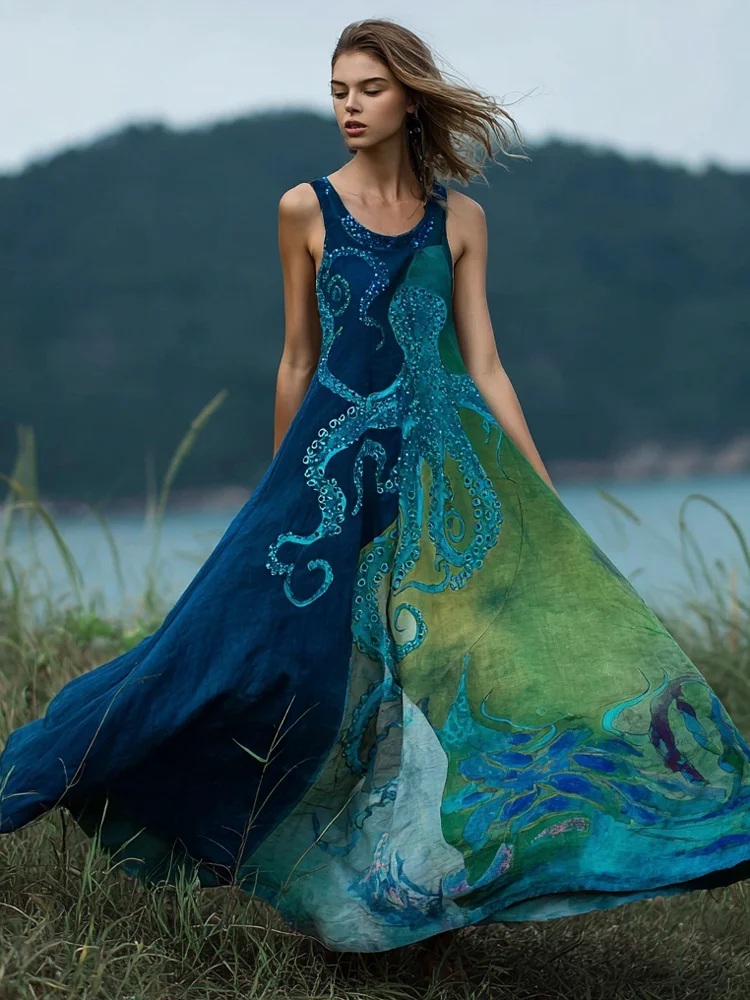 Ocean Octopus Gradient Art Women's Linen Vest Maxi Dress