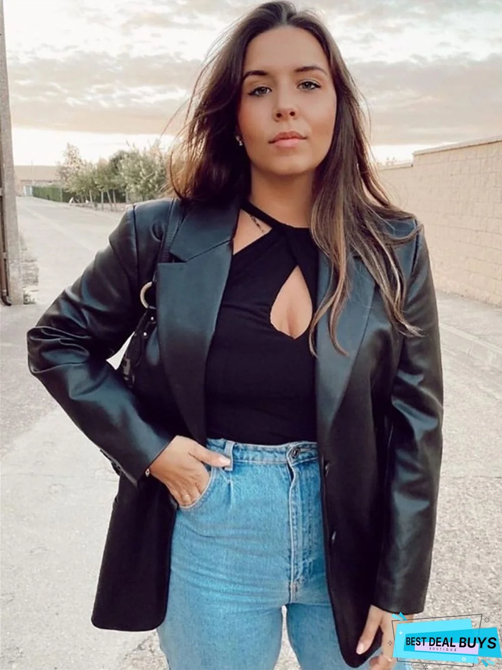 Solid Color Suit Collar Fake Pocket Fashion Casual Women's Leather Coat