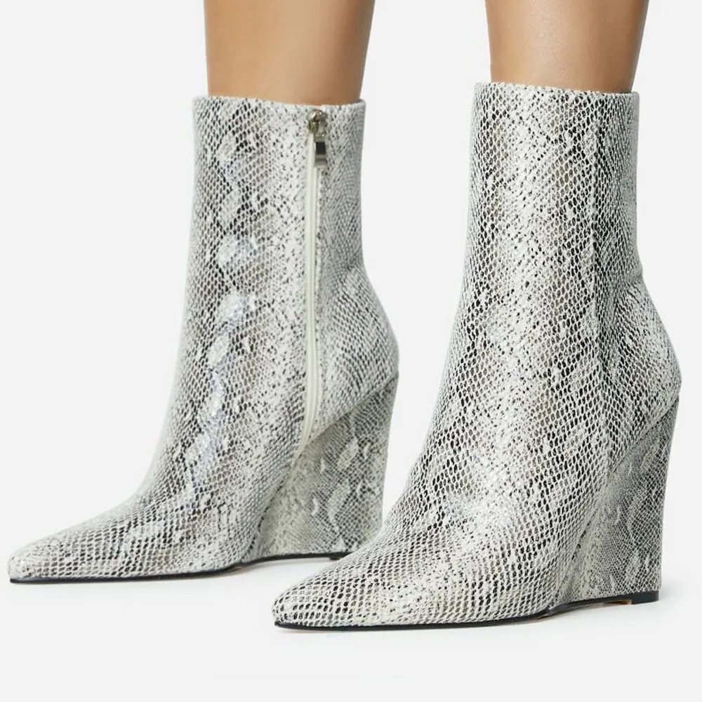 Silver Snake Texture Pointed Toe Zipper Wedge Heel Ankle Boots Nicepairs