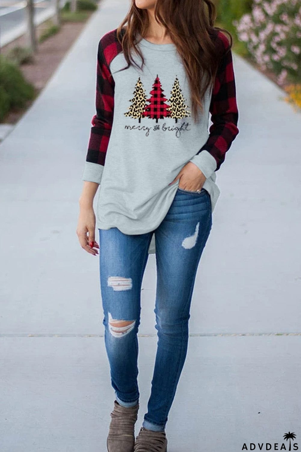 Christmas Pattern Plaid Splice Long Sleeve Top