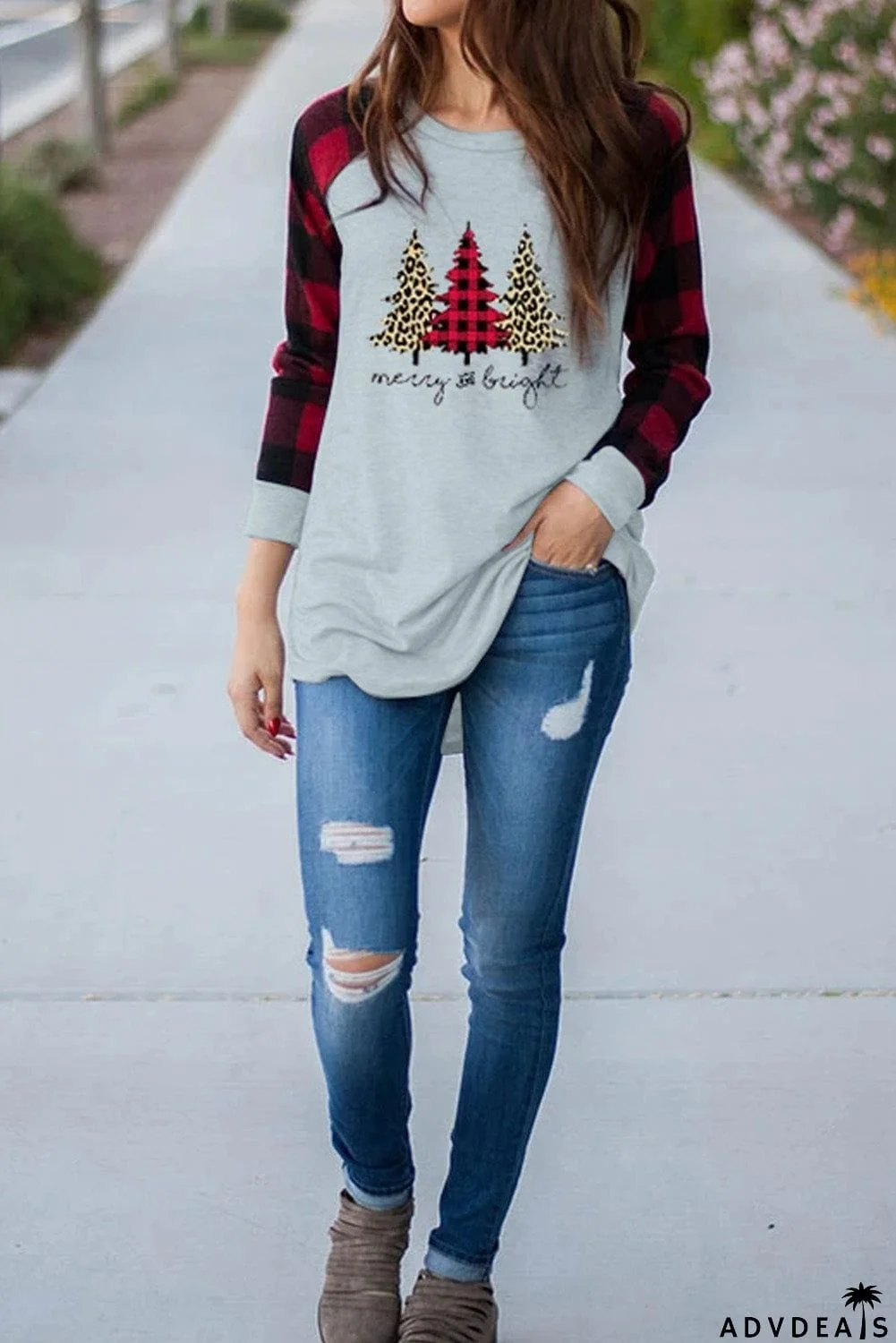 Christmas Pattern Plaid Splice Long Sleeve Top
