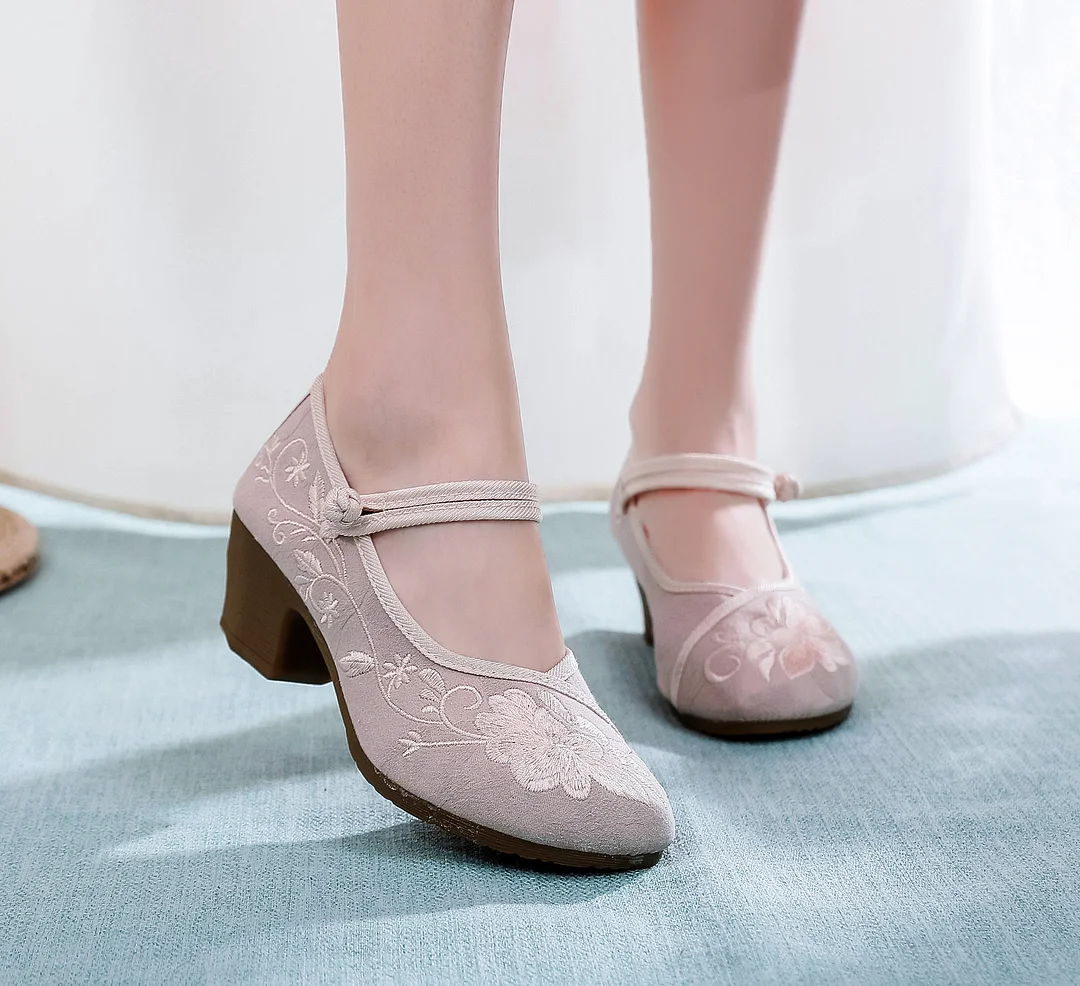 Zingj Zingj Heel High Heels Single Shoes Ethnic Style Embroidered Cloth Shoes Retro One Word With Thick Heel Solid Color Women's Shoes