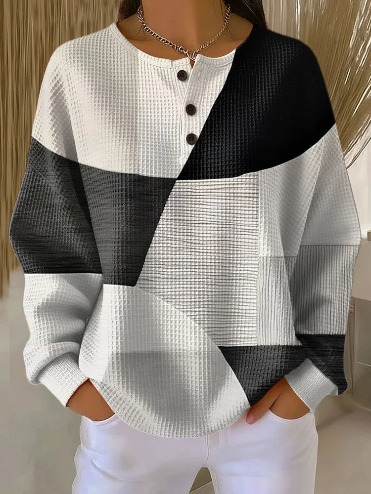 Women's Geometric Pattern Art Print Casual Waffle Henry Collar Sweatshirt