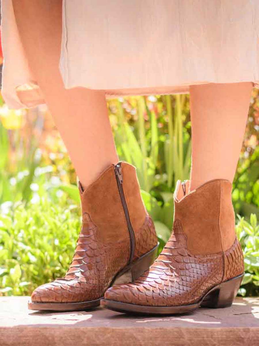 Brown Python Embossed Pointed Toe Chunky Heel Side Zipped Ankle Boots