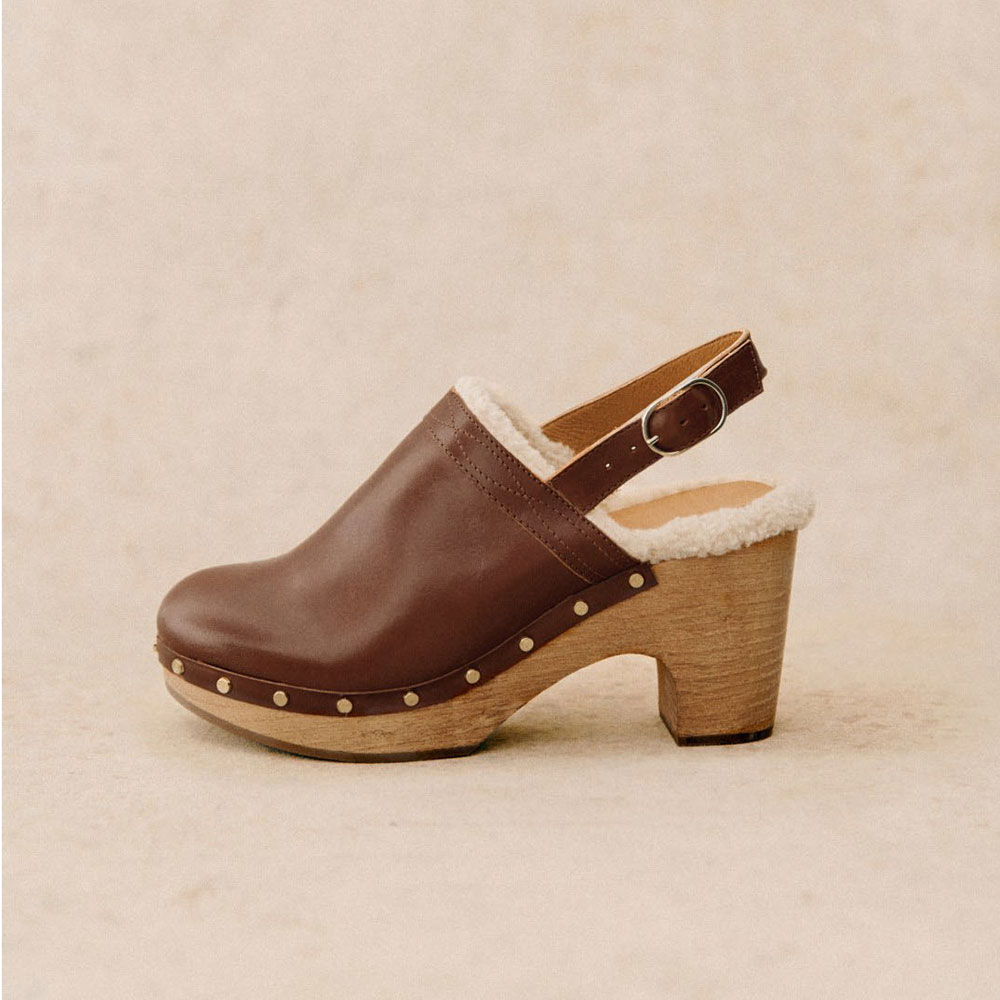 Vintage Brown Heeled Clogs Faux Fur Lined Platform Slingback Shoes