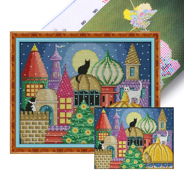 Joy Sunday-Cat City 14CT (30*25CM) Stamped Cross Stitch gbfke