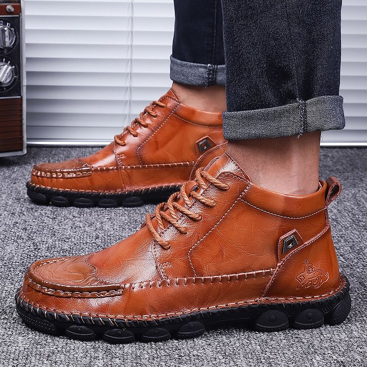 Men Leather Ankle Boots Round Toe Casual Orthopedic Shoes Radinnoo.com