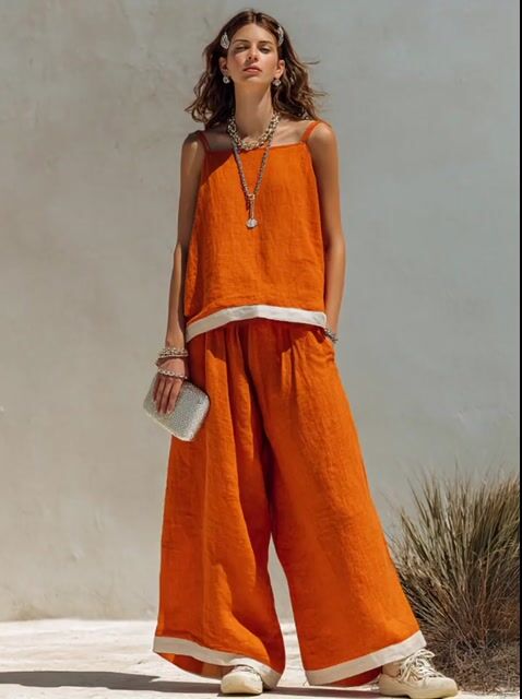Women's Simple Cotton-Linen Blend Cami Top And Wide-Leg Pants Set MD