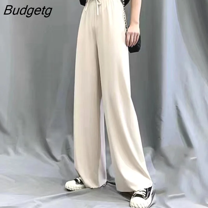 Budgetg 2023 Summer Wide Leg Pants Women Korean High Waist Pleated Loose Pants Woman Solid Color Lace Up Casual Trousers Female