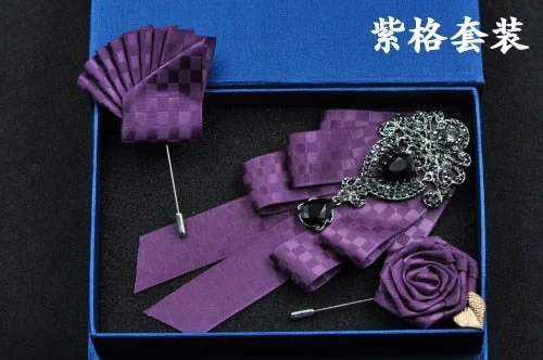 High-quality Fashion Handmade Red Diamond Bow Tie Wedding Collar Bowtie Brooch Pocket Towel Square Set Gifts for Men Accessories