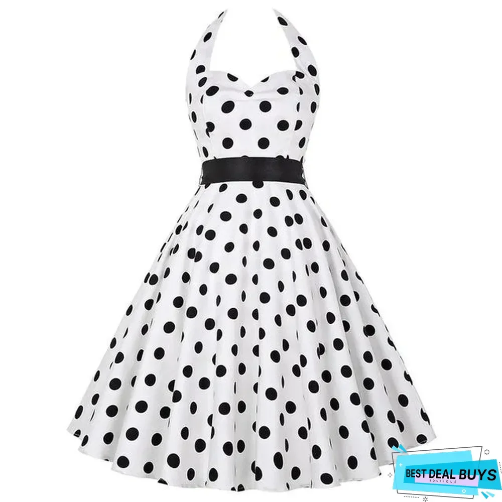 Sexy Halter Party Dress Retro Polka Dot Vintage Dresses Elegant Midi Dress