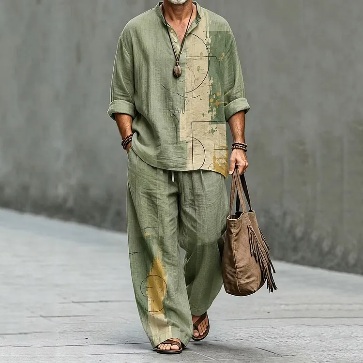 Men's Retro Abstract Geometric Art Print Shirt And Pants Two Piece Set