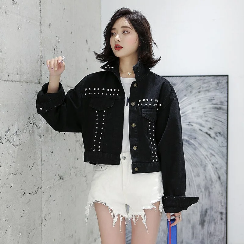 Denim Jacket Jeans Coats Women 2019 Autumn Vintage Rivets Black Jaqueta Feminina Casacas Casual Woman Short Bomber Jeans Jacket
