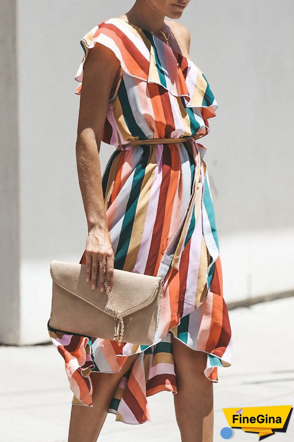 Fashion Street Striped Split Joint One Shoulder Irregular Dresses