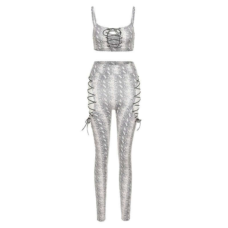 Hollow Out Printed Bandage Two Piece Set Women 2020 Sexy women's Top+High Waist Leggings Party Clubwear Matching Outfits Hot