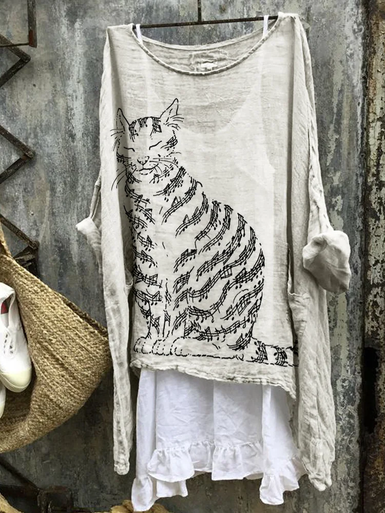 Music Notes Cat Art Flowy Linen Blend Tunic