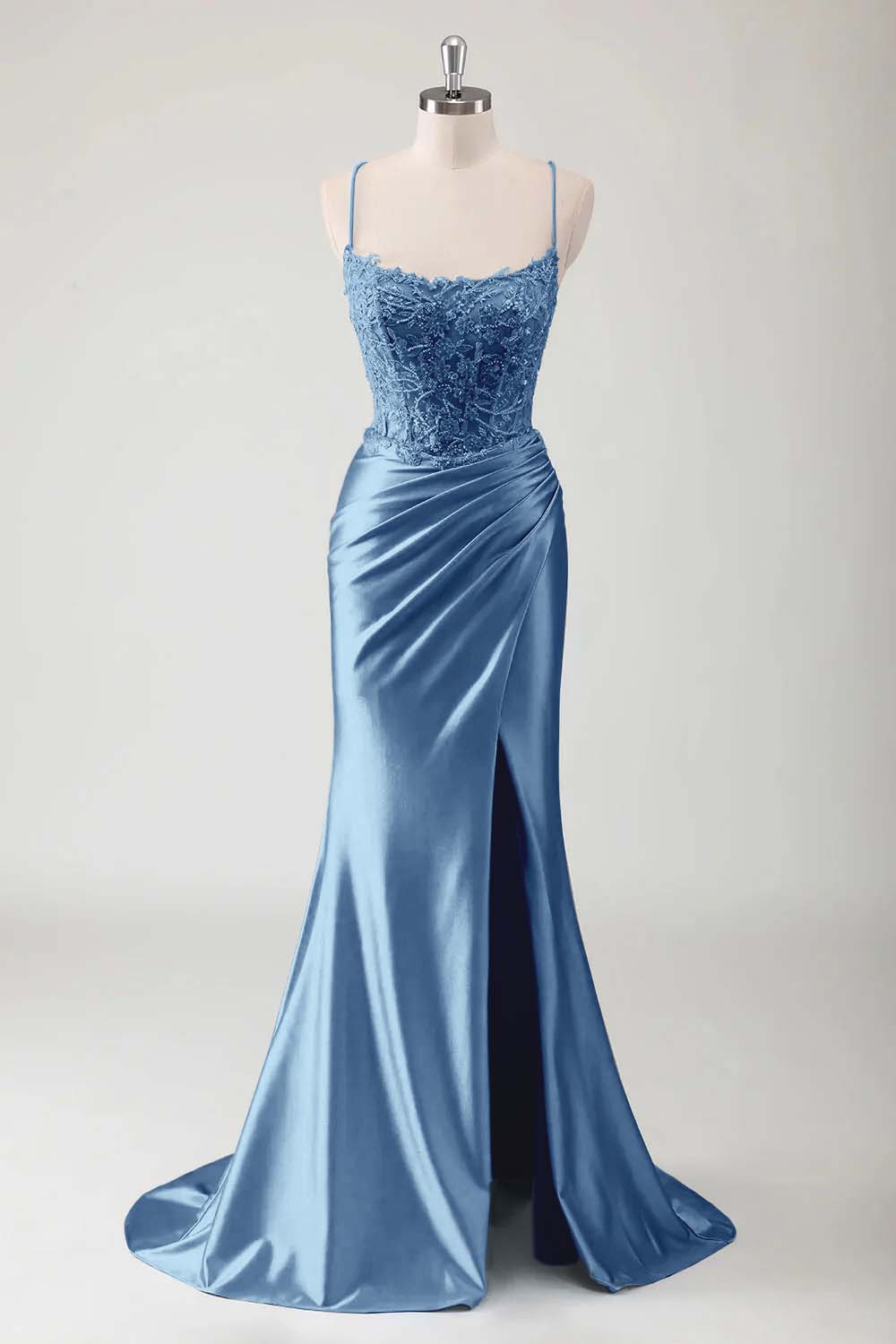 Hidais Spaghetti Strap Sleeveless Long High Split Prom Dress With Appliques