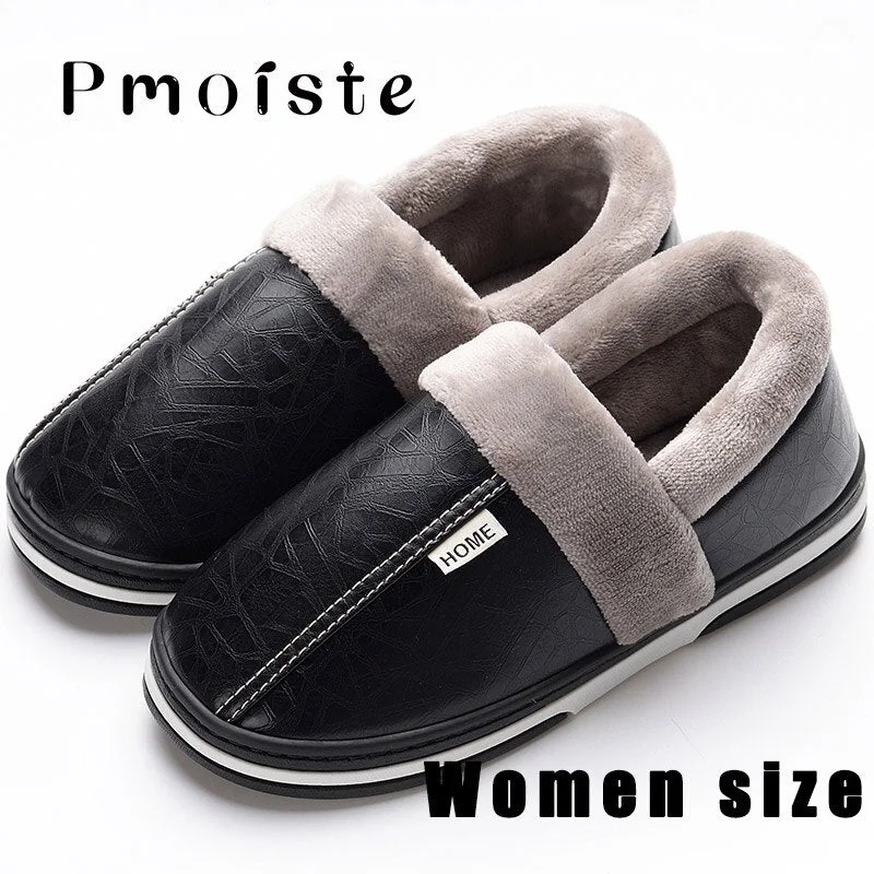 Large Size 43-50 Woman's Winter Slippers Casual Shallow Slip On Cozy Flat Slippers Woman PVC PU Leather Ladies Slippers