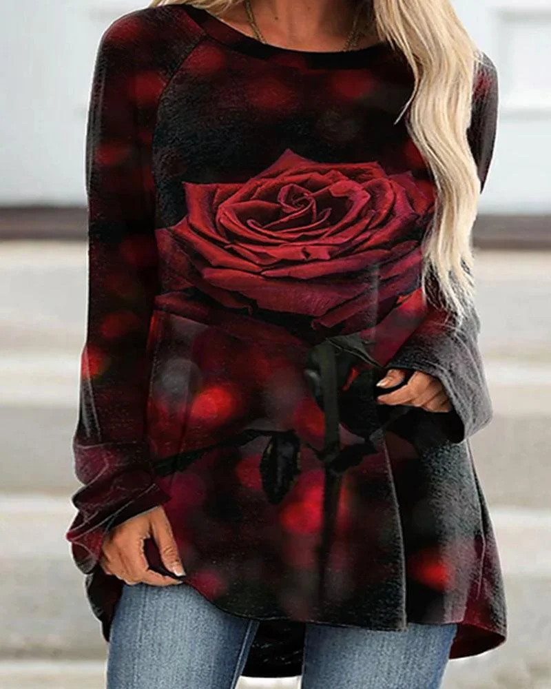 Women's Romantic Rose Print Round Neck Long Sleeve Plus Size Top