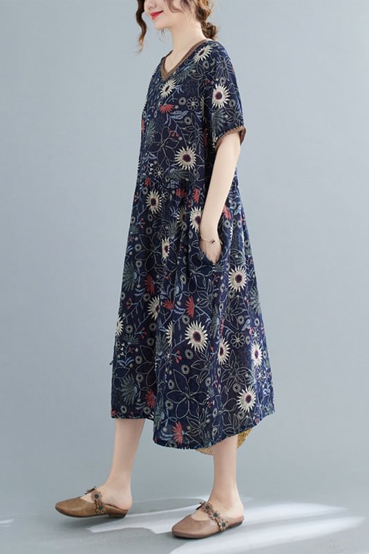 Plus Size-Summer Loose Vintage Dress Casual Floral Dress